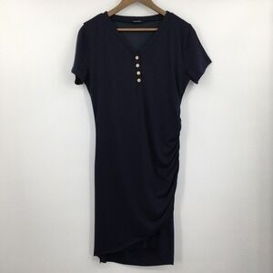 BTFBM Ruched Henley Mini Dress Womens L Navy Casual Minimalist Coastal Vacation
